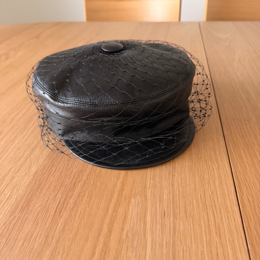 Dior Leather Veiled Beret Black Gold Logo w/ Box